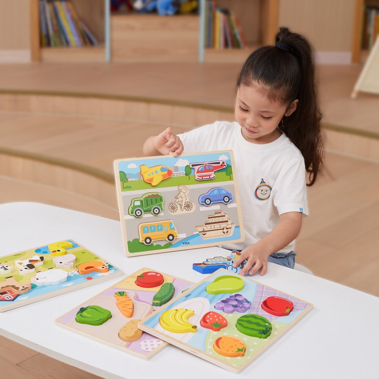 VIGA medinė Montessori dėlionė 2in1 daržovių figūrėlės 5