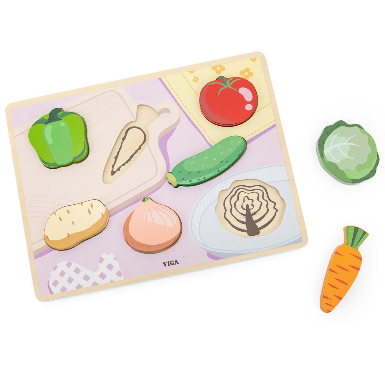 VIGA medinė Montessori dėlionė 2in1 daržovių figūrėlės 9