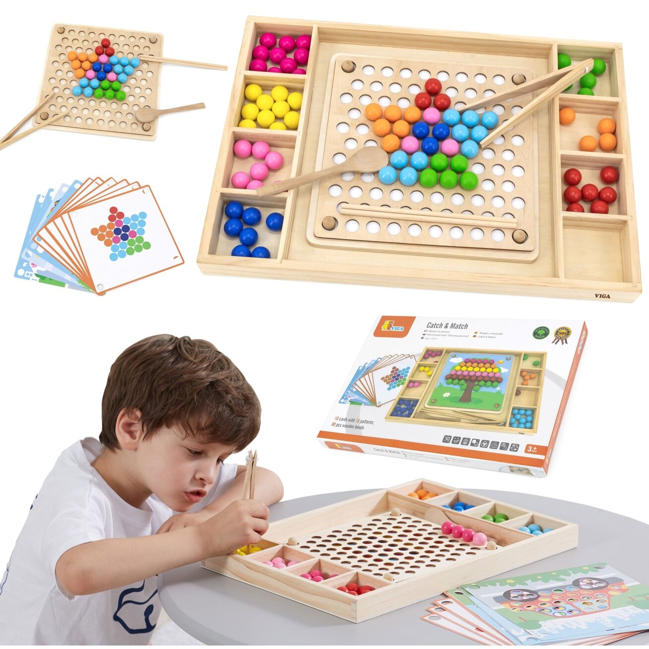 VIGA Medinis žaidimas „Pagauk ir suderink“ su kamuoliukais, Montessori dėlionė