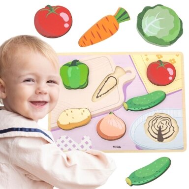 VIGA medinė Montessori dėlionė 2in1 daržovių figūrėlės