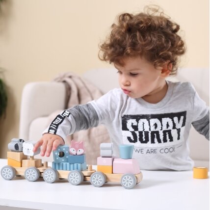 VIGA PolarB medinis traukinukas su vagonėliais ir gyvūnėliais dėliojimui Montessori 4