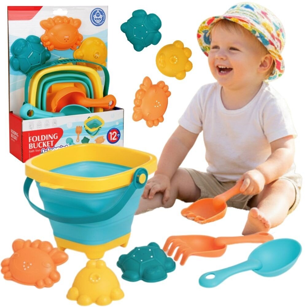 WOOPIE BABY Rinkinys: sulankstomas kibirėlis su grėbliukais, kastuvėliu ir formelėmis, mėlynas WOOPIE BABY Rinkinys: sulankstomas kibirėlis su grėbliukais, kastuvėliu ir formelėmis, mėlynas