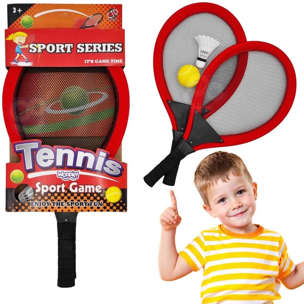 WOOPIE Didelės teniso ir badmintono raketės vaikams rinkinys + kamuoliukas ir plunksnelė