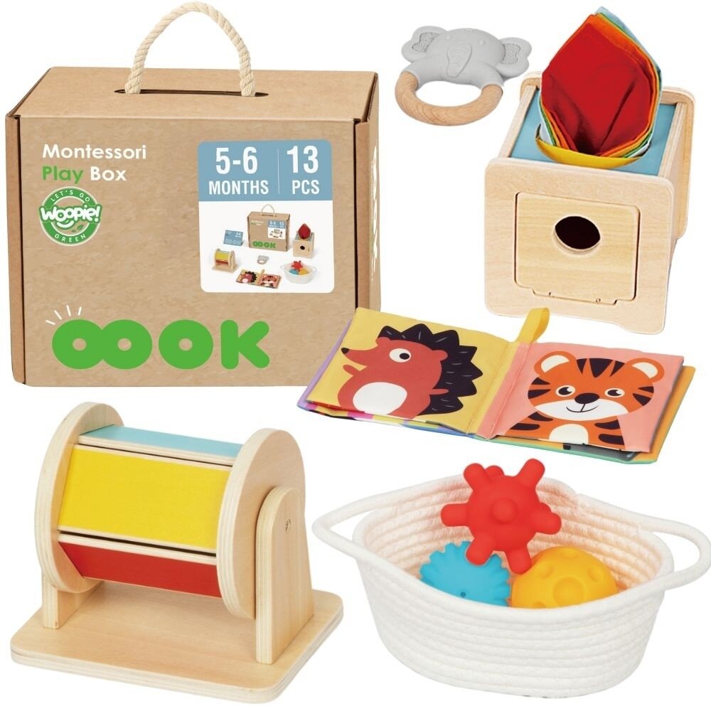 WOOPIE GREEN Box Dėžutė XXL Montessori edukacinė 6in1 sensorinė 5-6 mėn. 13 el. FSC