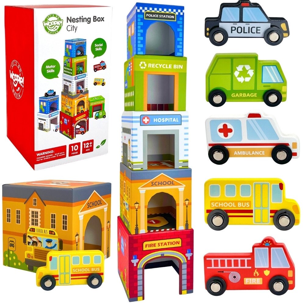 WOOPIE GREEN Dėlionė Kubeliai Miestas Transporto priemonės dėžutėse + Figūrėlės 10 vnt.