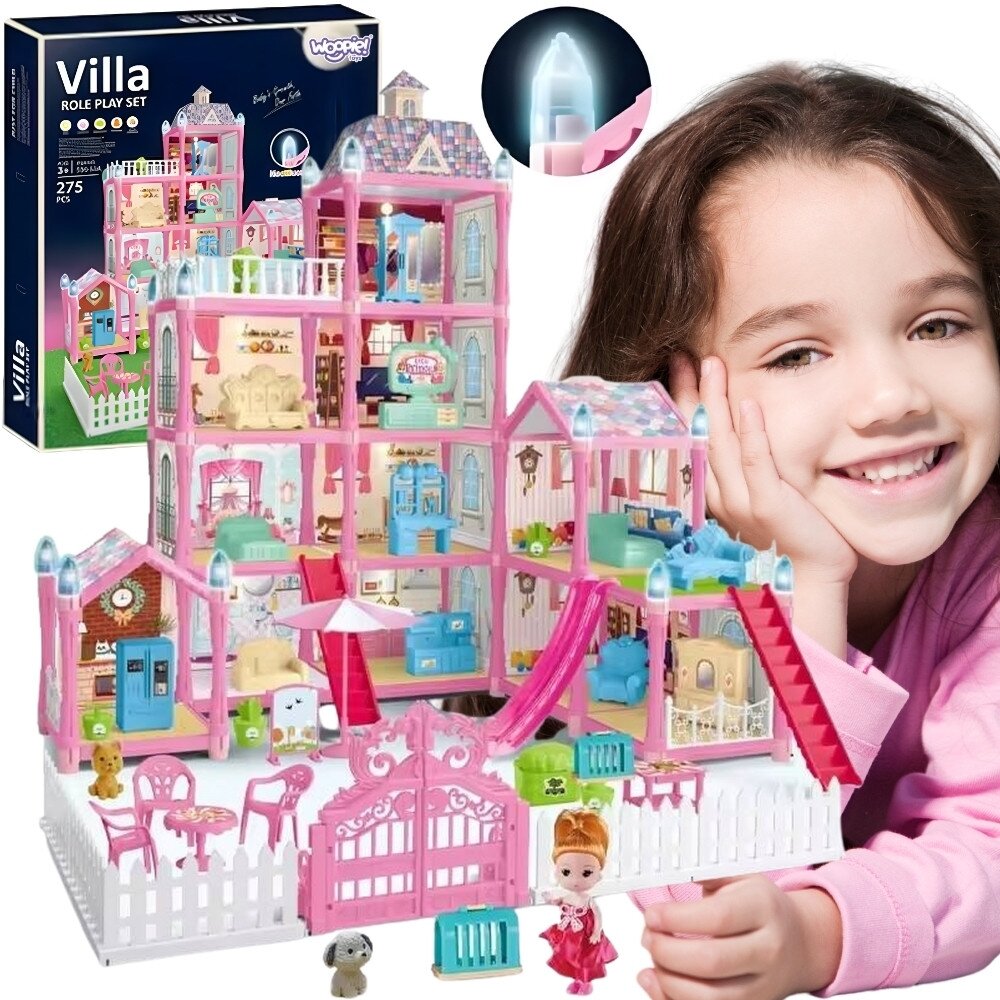 WOOPIE lėlių namelis Villa su aksesuarais ir lėle, su apšvietimu, 275 el.