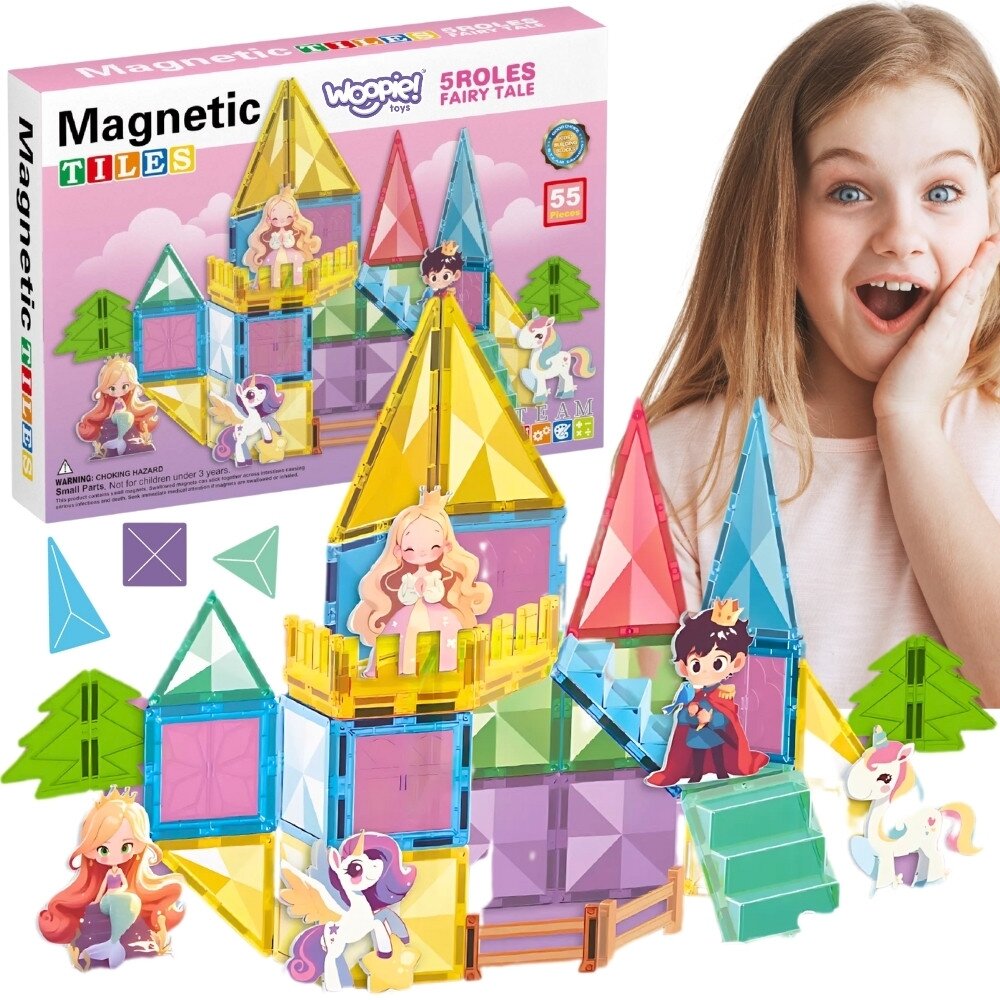 WOOPIE magnetinės konstrukcinės 3D kaladėlės edukacinis rinkinys Pasakų pilis 55 el.