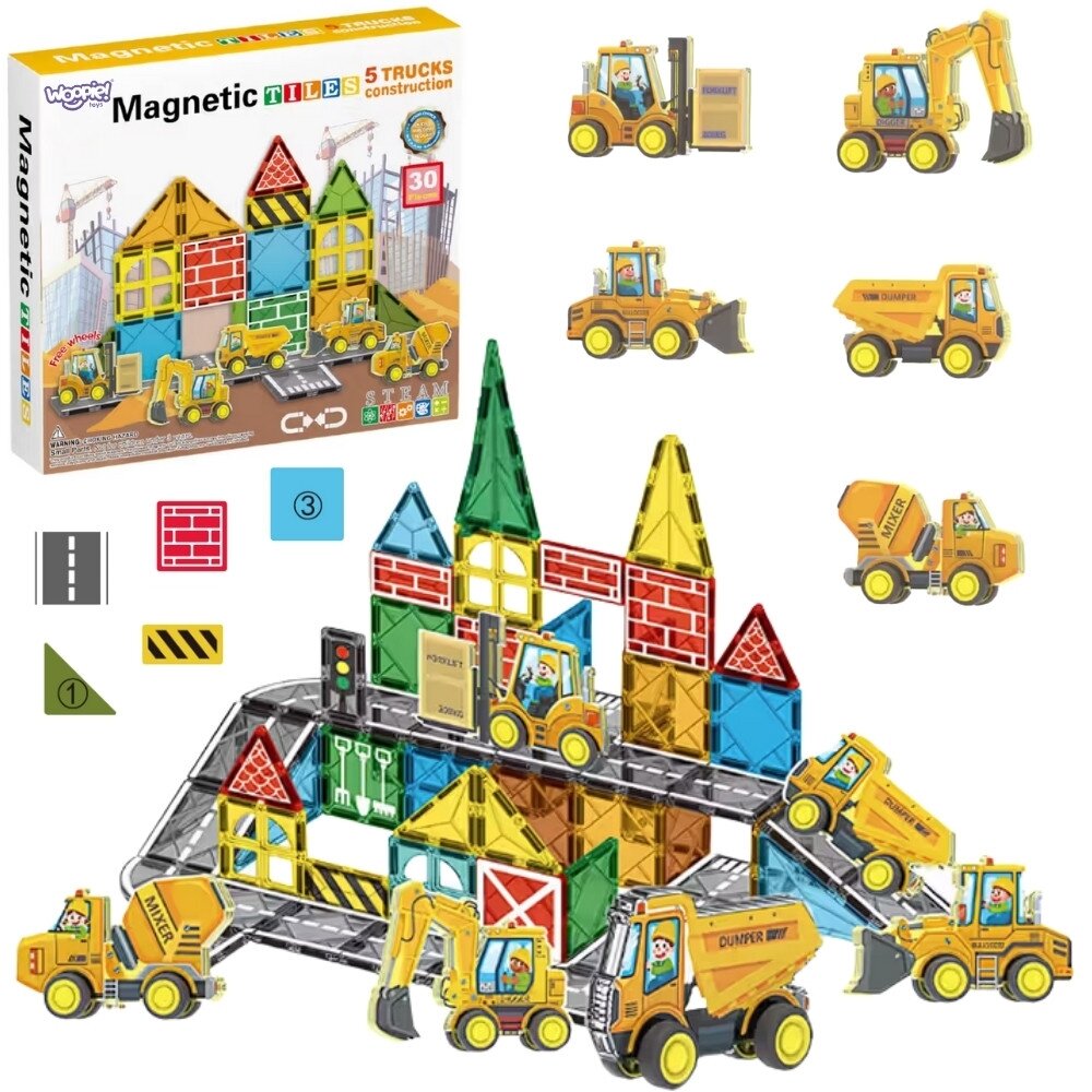 Woopie magnetinių kaladėlių rinkinys su statybinėmis transporto priemonėmis Woopie magnetinių kaladėlių rinkinys su statybinėmis transporto priemonėmis
