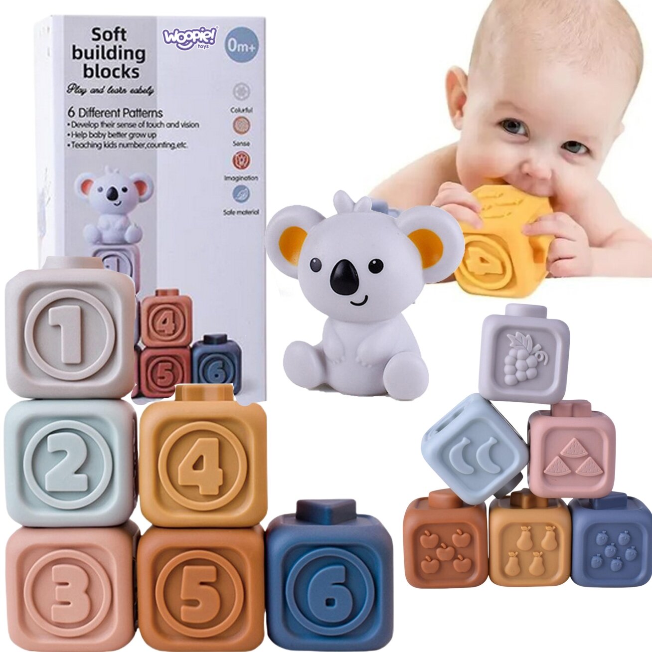 WOOPIE BABY Edukacinis rinkinys Piramidė Sensorinės kaladėlės 2in1 Kramtukas Skaičiai
