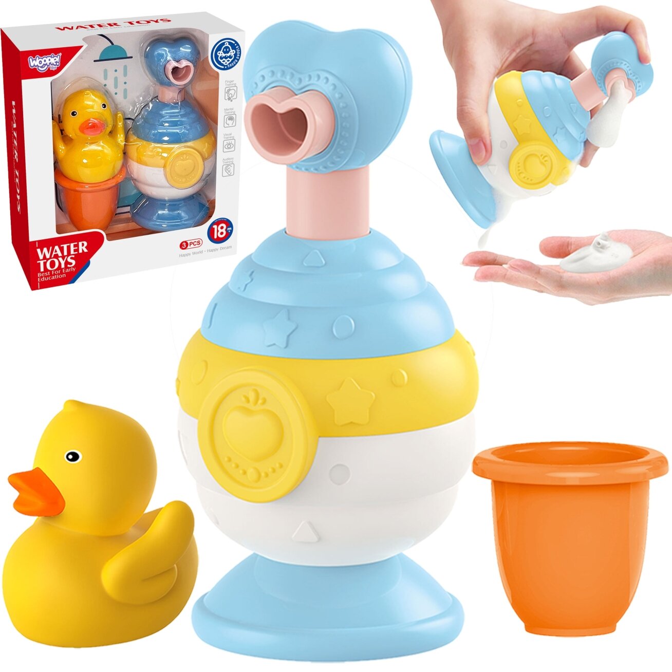 WOOPIE BABY vonios žaislai Puodelis + Ančiukas + Muilo dozatorius Rinkinys WOOPIE BABY vonios žaislai Puodelis + Ančiukas + Muilo dozatorius Rinkinys