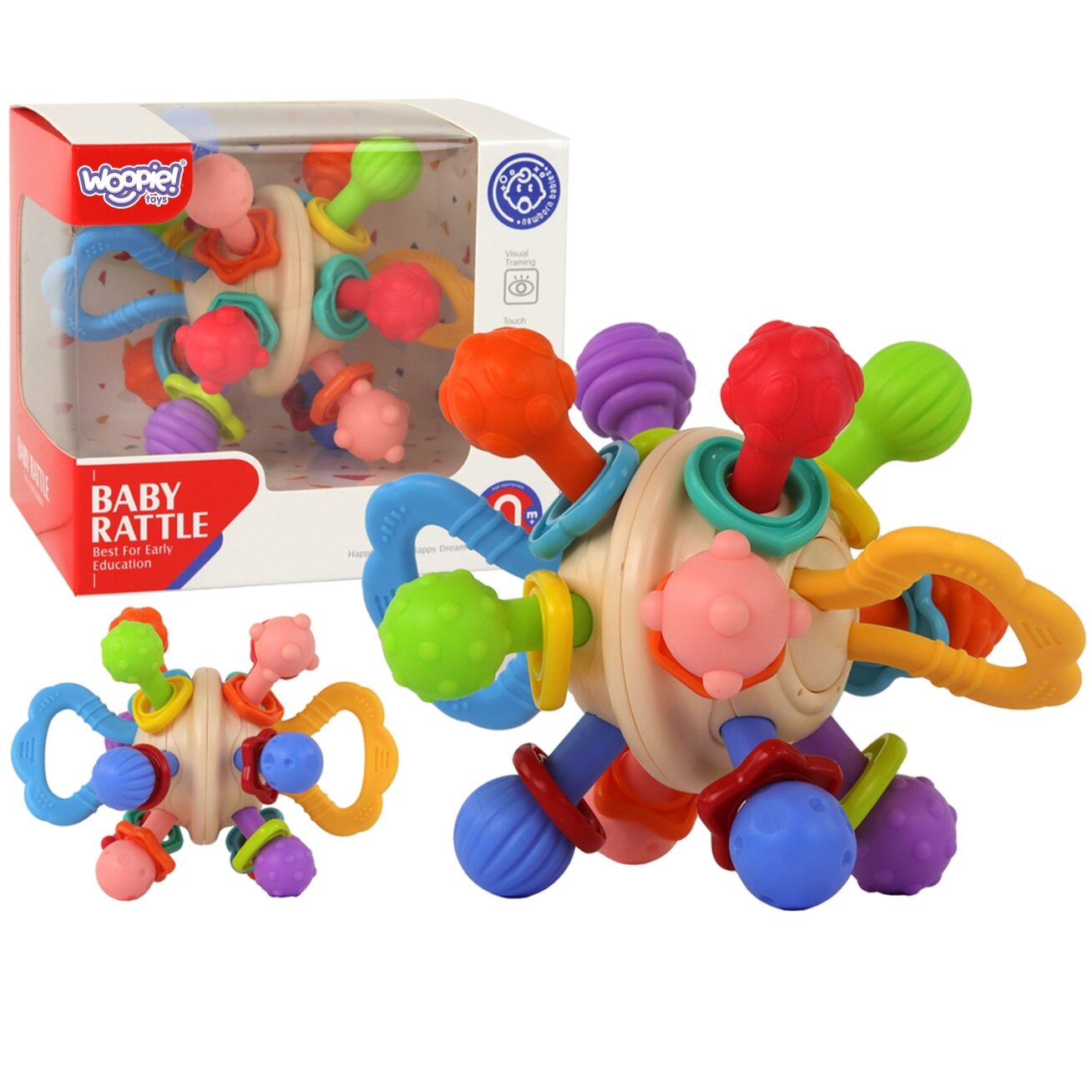 WOOPIE BABY Minkštas barškutis 2in1 kramtukas sensorinis žaislas kūdikiams 0m+ WOOPIE BABY Minkštas barškutis 2in1 kramtukas sensorinis žaislas kūdikiams 0m+