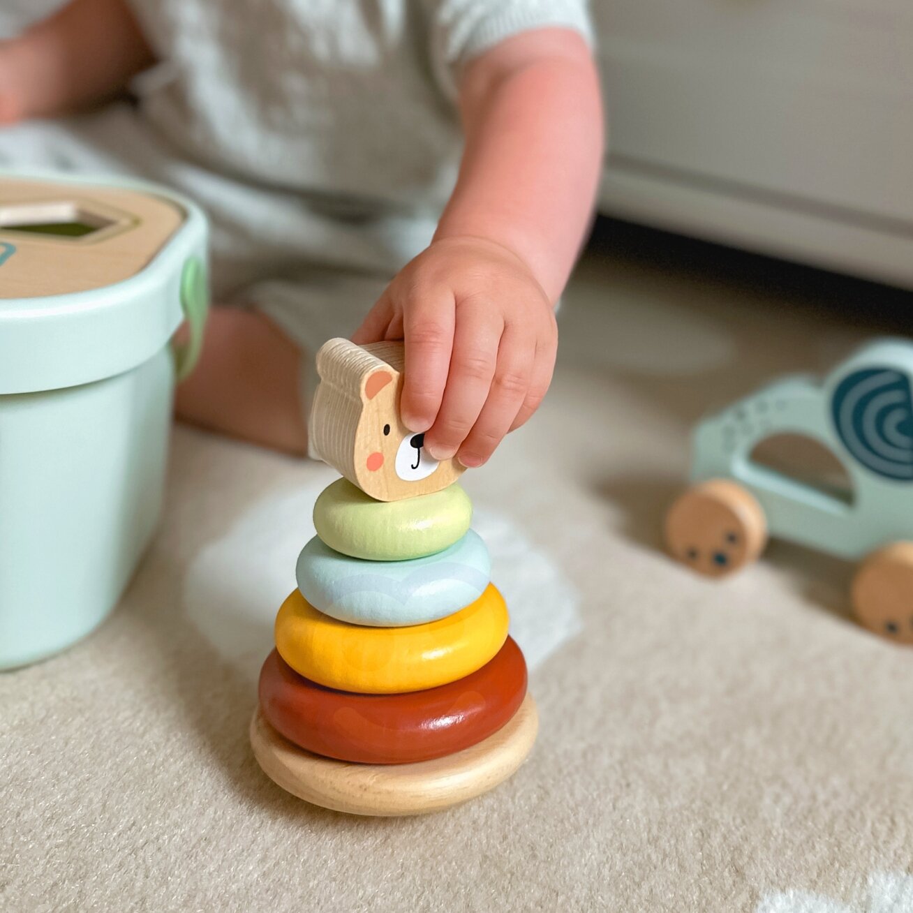 WOOPIE GREEN Dėžutė Sorter Box 3in1 Kaladėlės Piramidė Drambliukas FSC 2