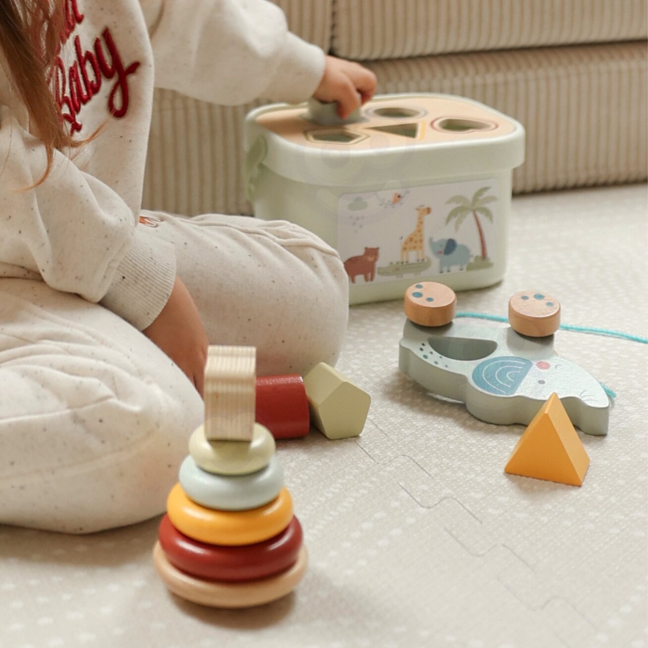 WOOPIE GREEN Dėžutė Sorter Box 3in1 Kaladėlės Piramidė Drambliukas FSC 5