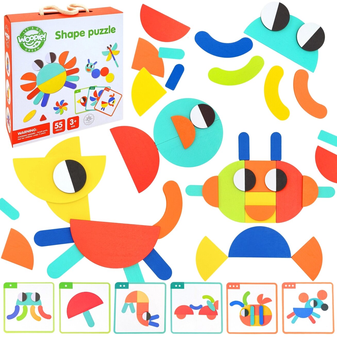 WOOPIE GREEN Medinė Montessori dėlionė 40 raštų atkurti 55 el. FSC sertifikatas