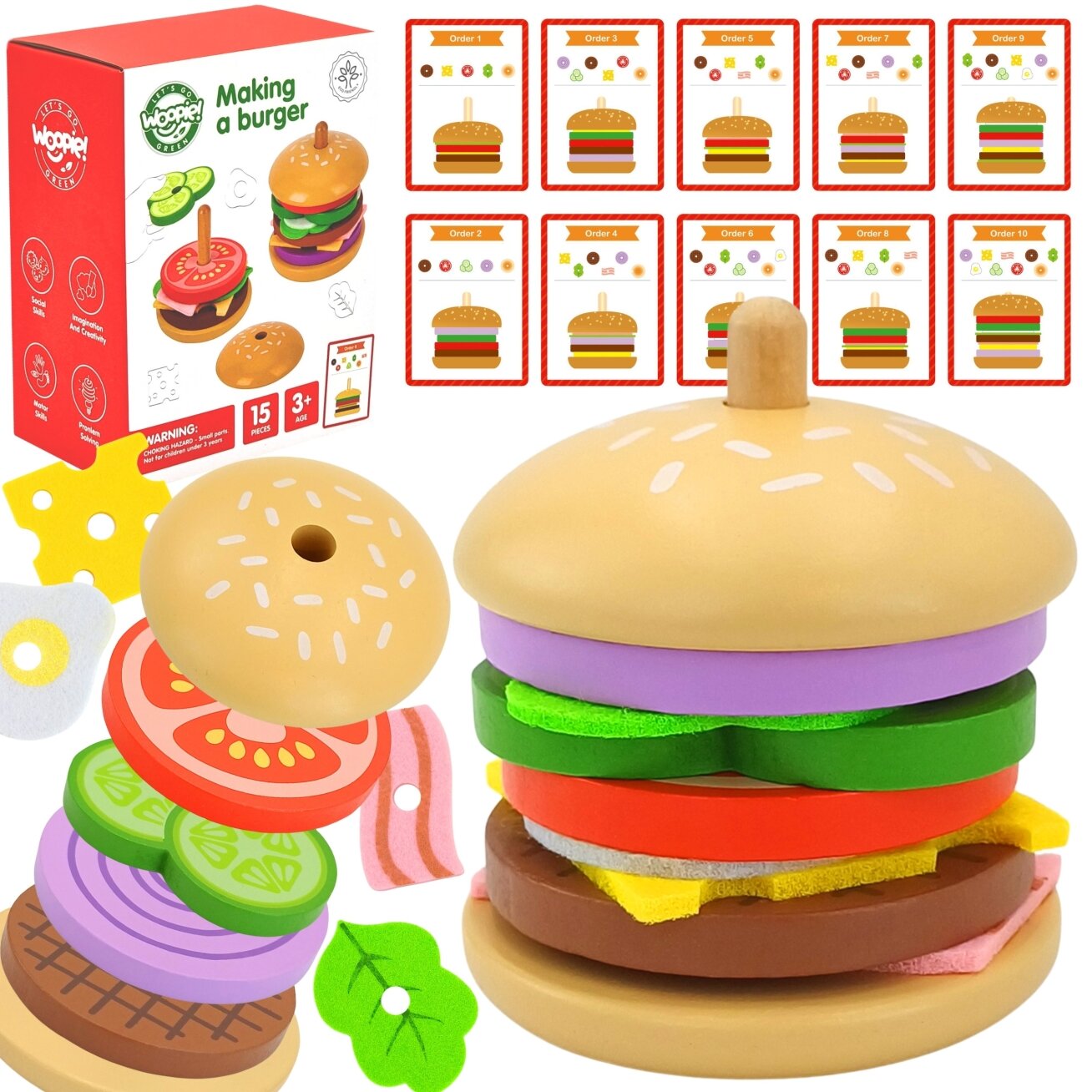 WOOPIE GREEN Medinis burgeris – restoranas, dėlionė vaikams, 15 el. FSC sertifikatas