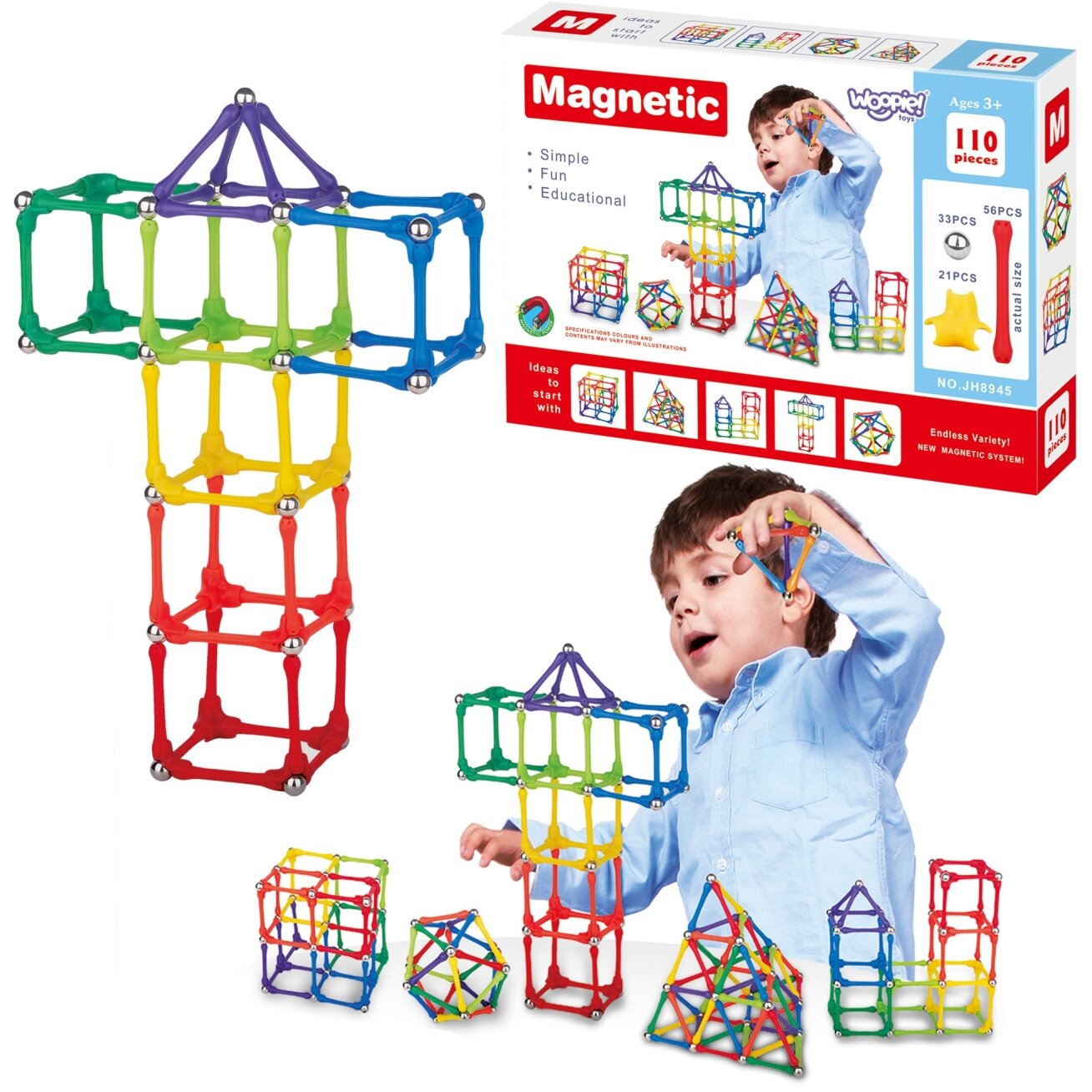 WOOPIE Magnetinės konstrukcinės kaladėlės Kūrybinė dėlionė 110 el.