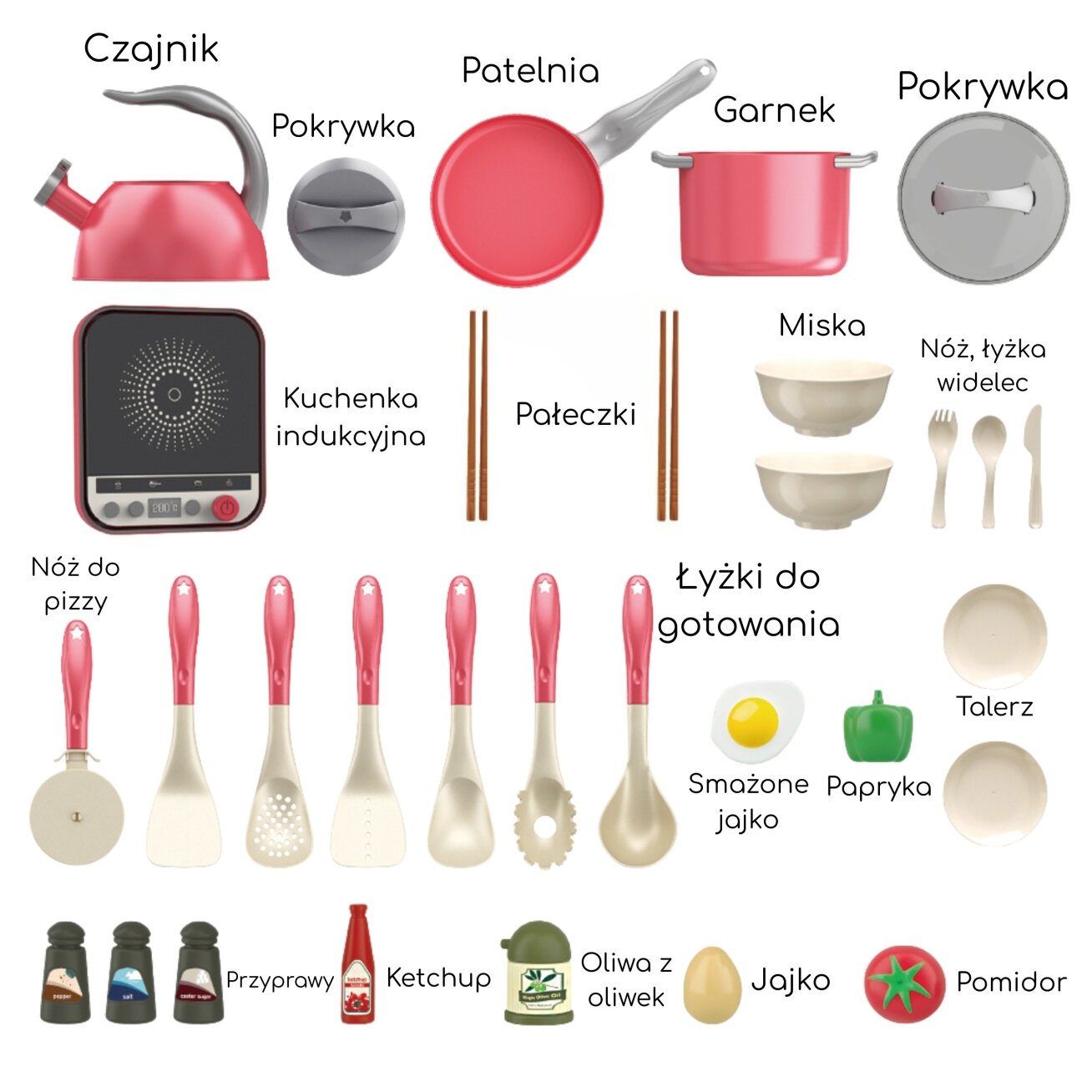 WOOPIE Mažojo virėjo rinkinys Indukcija Puodai Keptuvė Virdulys Rožinis 30 el. 6