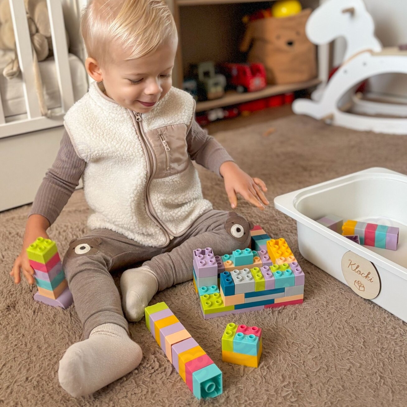 WOOPIE Soft Blocks kaladėlių rinkinys 99 elementų dėžutėje 1