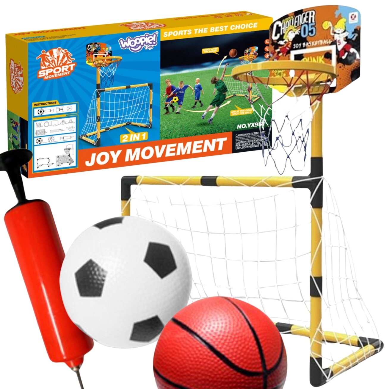 WOOPIE 2in1 rinkinys krepšinis Futbolo vartai + kamuoliai ir pompa