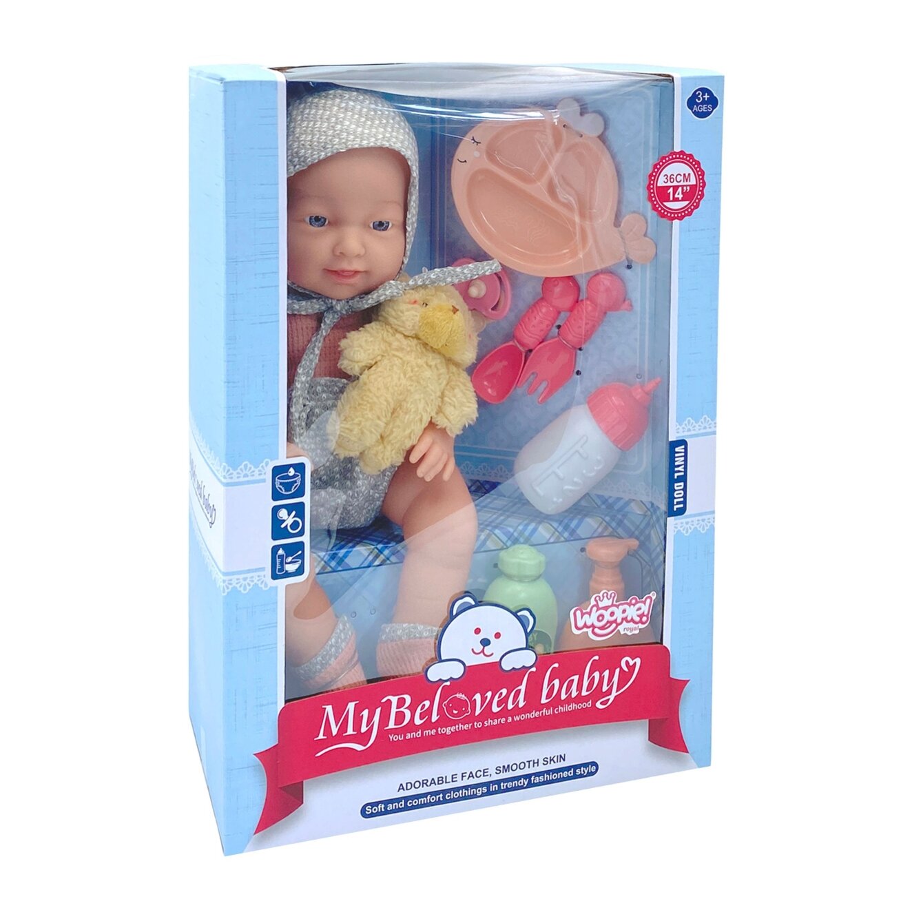 WOOPIE ROYAL kūdikio lėlė 36 cm su drabužėliais ir meškiuku, maitinimo priedai 16