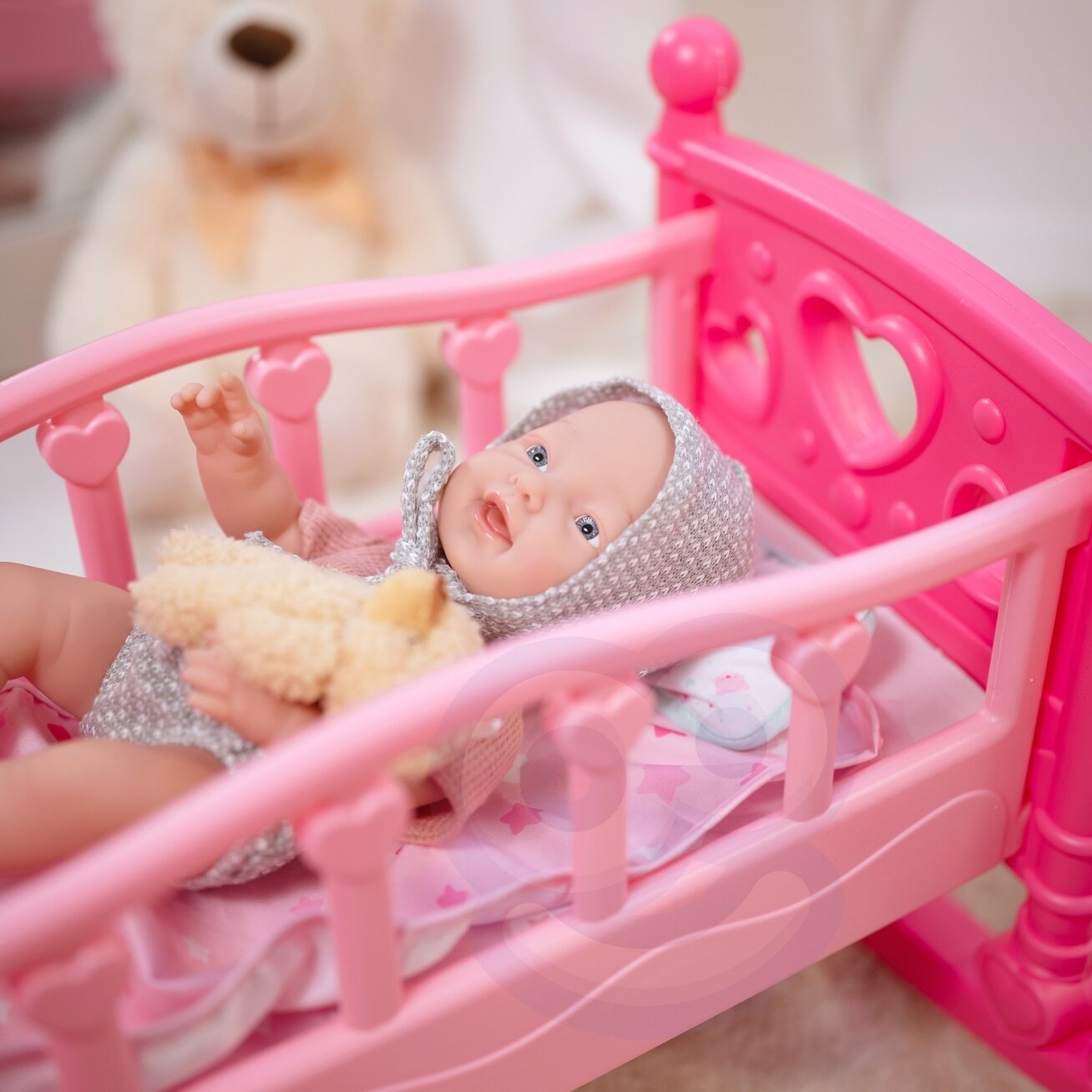 WOOPIE ROYAL kūdikio lėlė 36 cm su drabužėliais ir meškiuku, maitinimo priedai 6