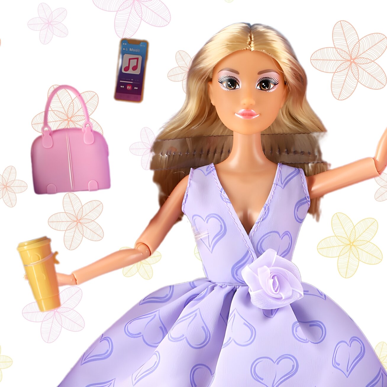 WOOPIE ROYAL Lėlė Lily Ilgi šviesūs plaukai 30 cm Levandų suknelė Aksesuarai 1