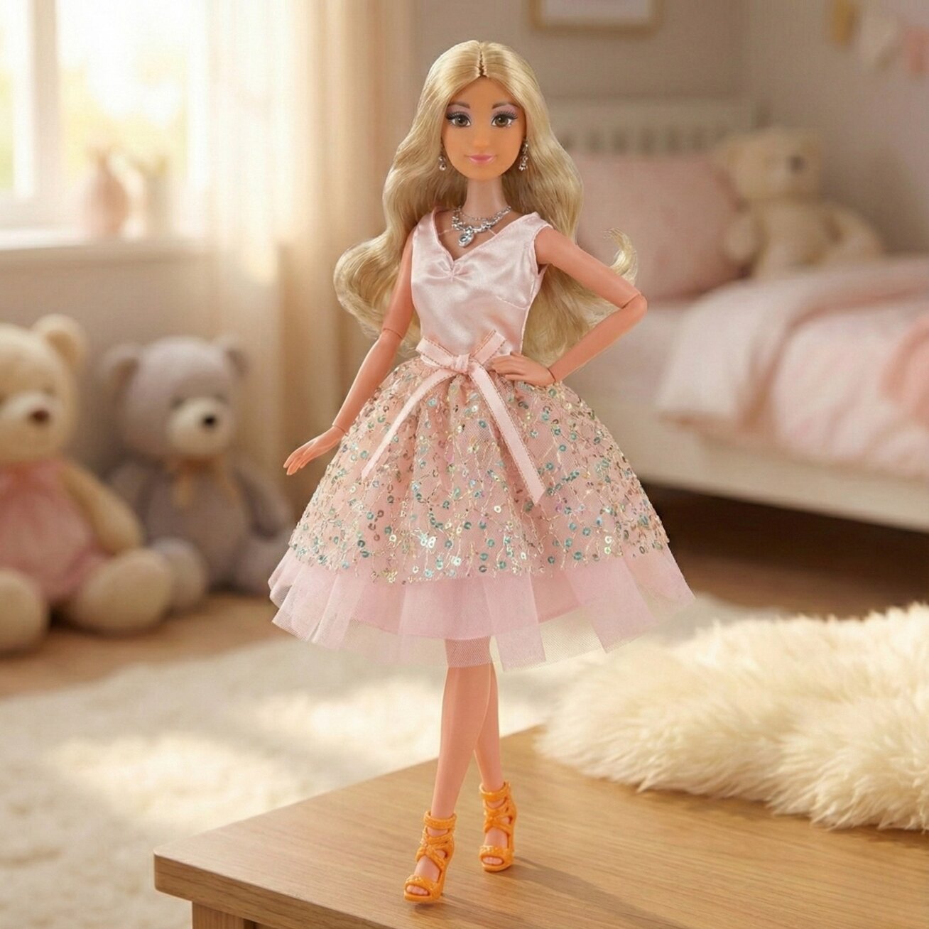 WOOPIE ROYAL lėlė Lily 30 cm Ilgi šviesūs plaukai Rožinė suknelė Papuošalai 3