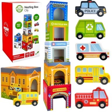 WOOPIE GREEN Dėlionė Kubeliai Miestas Transporto priemonės dėžutėse + Figūrėlės 10 vnt.