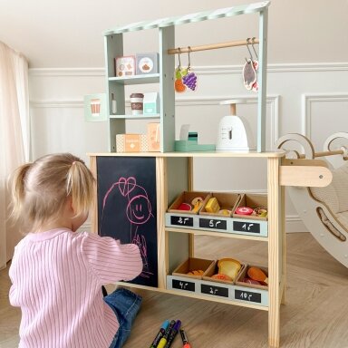 WOOPIE GREEN Didelė daugiafunkcė parduotuvėlė 5in1 kioskas prekyvietė prekybos centras restoranas kavinė virtuvė 73 el.