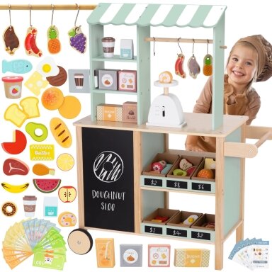 WOOPIE GREEN Didelė daugiafunkcė parduotuvėlė 5in1 kioskas prekyvietė prekybos centras restoranas kavinė virtuvė 73 el.