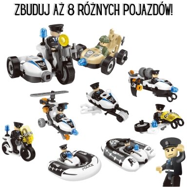 WOOPIE konstrukcinės kaladėlės Sukurk policijos transporto priemones 8 modeliai STEAM – tapk miesto didvyriu!