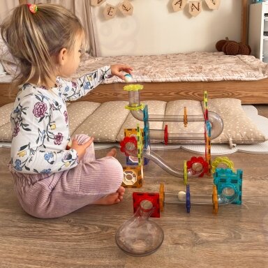 WOOPIE Magnetinės konstrukcinės 3D kaladėlės edukacinis rinkinys Kamuoliukų trasa Kulodromas 113 el.