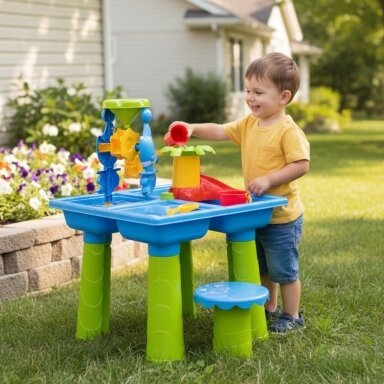 WOOPIE 2in1 vandens staliukas – smėlio dėžė su kėdute XL Aquapark 4 baseinai 13 priedų