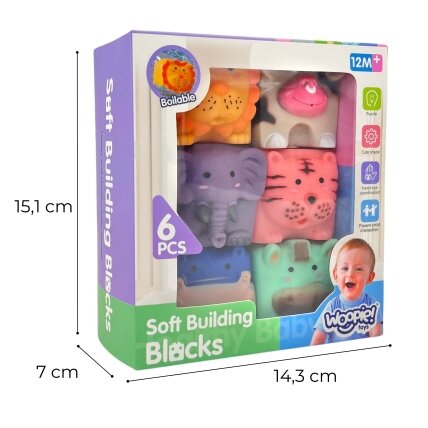 WOOPIE BABY sensoriniai kaladėliai „Gyvūnėliai“ – spaudžiama dėlionė + garsas, 6 el. 8