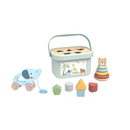 WOOPIE GREEN Dėžutė Sorter Box 3in1 Kaladėlės Piramidė Drambliukas FSC 9