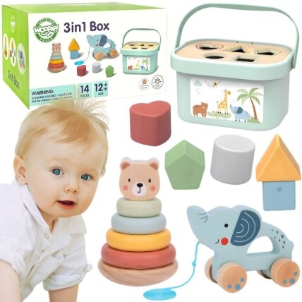 WOOPIE GREEN Dėžutė Sorter Box 3in1 Kaladėlės Piramidė Drambliukas FSC WOOPIE GREEN Dėžutė Sorter Box 3in1 Kaladėlės Piramidė Drambliukas FSC