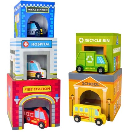 WOOPIE GREEN Dėlionė Kubeliai Miestas Transporto priemonės dėžutėse + Figūrėlės 10 vnt. 10