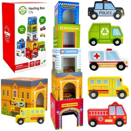 WOOPIE GREEN Dėlionė Kubeliai Miestas Transporto priemonės dėžutėse + Figūrėlės 10 vnt.