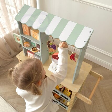 WOOPIE GREEN Didelė daugiafunkcė parduotuvėlė 5in1 kioskas prekyvietė prekybos centras restoranas kavinė virtuvė 73 el. 2