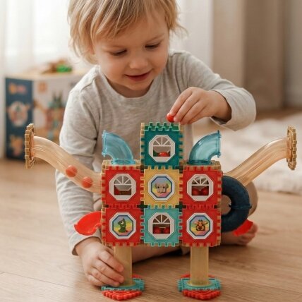 WOOPIE magnetinės konstrukcinės 3D kaladėlės edukacinis rinkinys kamuoliukų trasa 128 el. 1