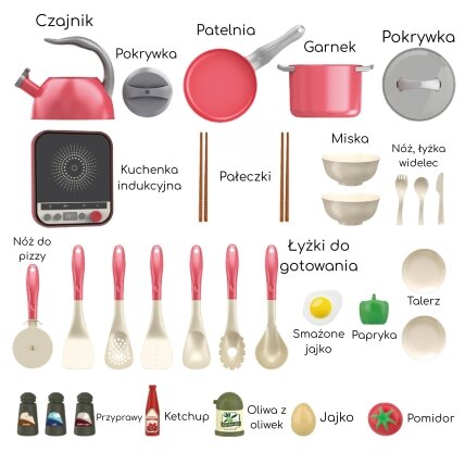 WOOPIE Mažojo virėjo rinkinys Indukcija Puodai Keptuvė Virdulys Rožinis 30 el. 6