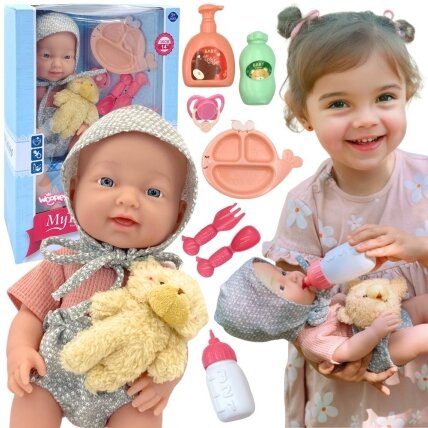 WOOPIE ROYAL kūdikio lėlė 36 cm su drabužėliais ir meškiuku, maitinimo priedai