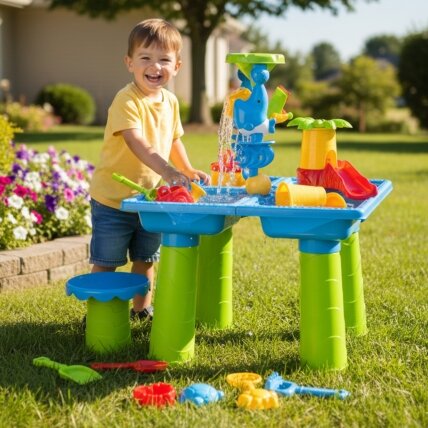WOOPIE 2in1 vandens staliukas – smėlio dėžė su kėdute XL Aquapark 4 baseinai 13 priedų 3