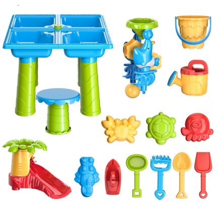 WOOPIE 2in1 vandens staliukas – smėlio dėžė su kėdute XL Aquapark 4 baseinai 13 priedų 9